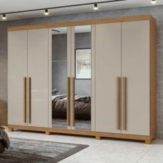 Imagem de Guarda-roupa 6 Portas 4 Gavetas Bertha com espelho e com Pés Amêndoa Clean/off White