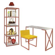 Imagem de Kit Escritório Bex 1 Cadeira Suede Amarelo com 1 Mesa e 1 Livreiro Ferro Bronze MDF Marmorizado Cinza - Ahazzo Móveis