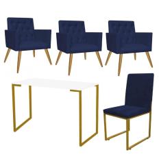 Imagem de Kit Escritório Stan 3 Poltronas Capitonê com Cadeira e Mesa Industrial Branco Dourado Suede Azul Marinho - Ahz Móveis