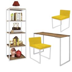 Imagem de Kit Escritório Ravi 2 Cadeiras Suede Amarelo com 1 Mesa e 1 Livreiro Ferro Branco MDF Malbec - Ahazzo Móveis