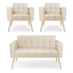 Imagem de Kit 1 Sofá Namoradeira E 2 Poltronas Elisa Corino Bege Pés Palito Natural - D`rossi