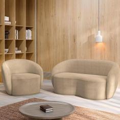 Imagem de Conjunto 1 Sofá Living 160cm E 1 Poltrona íbis Encosto Fixo Bouclê Bege G33 - Gran Belo