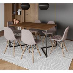 Imagem de Mesa Industrial Retangular Base V Aço Preto 137x90cm Amêndoa 6 Cadeiras Madeira Estofadas Nude Médio
