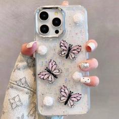 Imagem de UEEBAI Capa para iPhone 15 Pro Max, capa de telemóvel transparente macia bonita bonita com glitter 3D borboleta TPU capa de telemóvel slim airbags cantos não amarelamento à prova de choque capa
