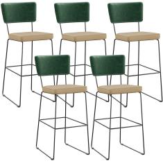 Imagem de Kit 05 Banquetas Altas Sala Jantar Fixa Allana L02 Facto Verde Musgo Linho Bege Escuro - Lyam Decor