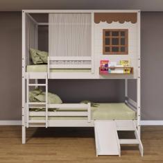 Imagem de Beliche Casinha Reta com Grade Removível Escorregador e Cortina Madeira Maciça Branco/ Amêndoa Housin