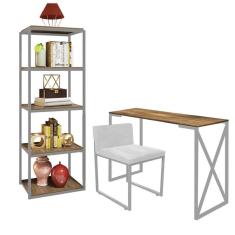 Imagem de Kit Escritório Bex 1 Cadeira Sintético Branco com 1 Mesa e 1 Livreiro Ferro Cinza MDF Carvalho - Ahazzo Móveis