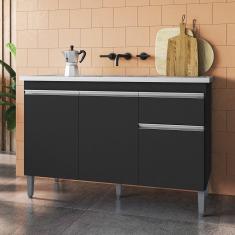 Imagem de Balcão Gabinete Com Pia Inox 120cm 3 Portas E 1 Gaveta Tatiane Preto - Ajl Móveis