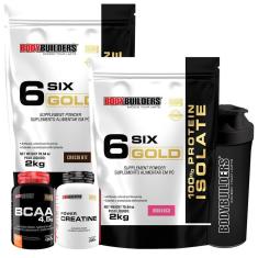 Imagem de Kit 2x Whey Protein Isolado Six Gold 2kg + Creatina 100g + BCAA 100g + Coqueteleira- Bodybuilders-Unissex