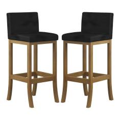 Imagem de Kit 2 Banquetas Média Encosto Estofado 38x90Cm Ilha Espanha Madeira Maciça Amêndoa Suede Preto CCS