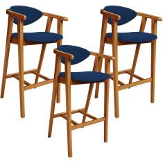 Imagem de Kit 03 Banquetas Alta Cozinha Bancada Bar Sala De Jantar Fixa Cecília L02 Suede Azul Marinho