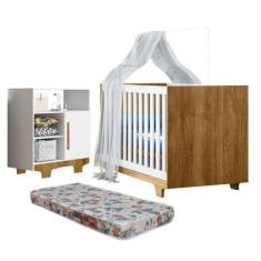 Imagem de Quarto de Bebê com Berço Mini Cama com Colchão Life e Cômoda 100% Mdf 1 Porta 3 Prateleiras Flocos Branco/madeirado Ypê