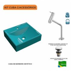 Imagem de Kit Cuba Q39 Com Torneira Pratika 1060 Metal E Válvula Click1 Pol. Compace  Turquesa
