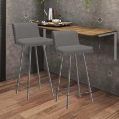 Imagem de Kit Mesa Suspensa de Parede Fixa MDF Freijó + 2 Banquetas Lexi Ferro Prata Corino Cinza - Ahazzo Móveis