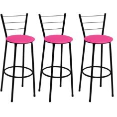 Imagem de Kit 3 Banquetas Médias Preta com Encosto Assento Rosa