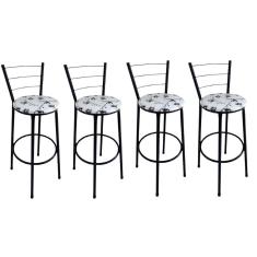 Imagem de Kit 4 Banquetas Alta Preta com Encosto Assento Branco Floral Jaddi