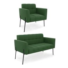 Imagem de Sofá Namoradeira e Poltrona Pé de Ferro Preto para Sala Elisa Suede Verde D03 - D'Rossi