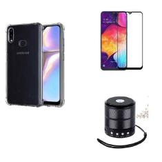 Imagem de Kit Mini Som Bluetooth Samsung A10 + Capa Anti Impacto + Película Vidro 3D