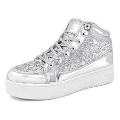 Imagem de IGxx Tênis feminino com glitter, preto, cano alto, brilhante, brilhante, elegante, lantejoulas, metálicos, discoteca, festa, casamento, fantasia, Prata, 37