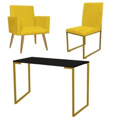 Imagem de Kit Escritório Stan Poltrona com Cadeira e Mesa Industrial Tampo Preto Dourado Corino Amarelo - Ahz Móveis