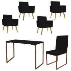 Imagem de Kit Escritório Stan 4 Poltronas com Cadeira e Mesa Industrial Tampo Preto Bronze Suede Preto - Ahz Móveis