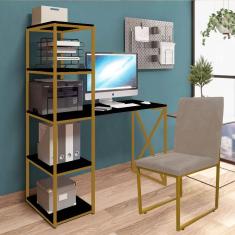 Imagem de Kit Escritório Mesa Max BeX 5 Prateleiras e Cadeira Stan Dourado Tampo Preto Sintético Bege - Ahz Móveis