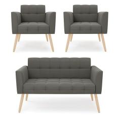 Imagem de Kit 1 Sofá Namoradeira e 2 Poltronas Elisa Suede Grafite Pés Palito Natural - D`Rossi