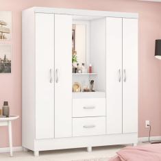 Imagem de Guarda Roupa Solteiro 4 Portas Com Espelho E 2 Gavetas Loanda Branco-rosa-branco Branco