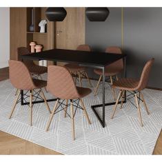 Imagem de Mesa Industrial Retangular Base V Aço Preto 137x90cm Preta 6 Cadeiras Madeira Estofadas Caramelo
