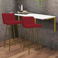 Imagem de Kit Mesa Suspensa de Parede Fixa MDF Branco + 2 Banquetas Lexi Ferro Dourado Corino Vermelho - Ahazzo Móveis