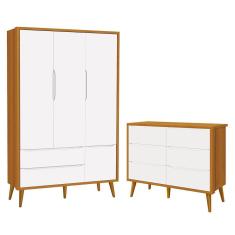 Imagem de Jogo De Quarto Infantil Theo Guarda Roupa 3 Portas E Cômoda 6 Gavetas Branco/Savana Com Pés Amadeirado - Reller Móveis