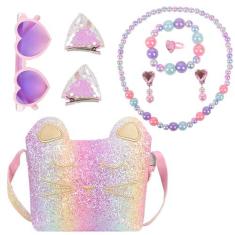 Imagem de QZUnique Conjunto de bolsa transversal para meninas, mini bolsa de mão com conjunto de joias, óculos de sol, bolsa de moedas de poliuretano, bolsa mensageiro, vestido de presente, acessórios de colar
