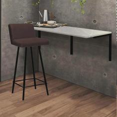 Imagem de Kit Mesa Suspensa de Parede Fixa mdf Marmorizado + 1 Banqueta Lexi Ferro Preto Suede Marrom - Ahazzo Móveis