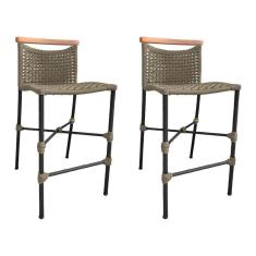 Imagem de Kit 2 Banquetas Anne Em Corda Náutica Base Em Alumínio Preta Com Detalhe Em Madeira Rami - Cor: Bege