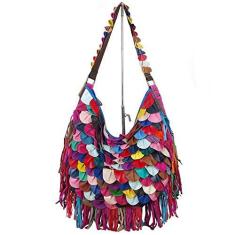 Imagem de Bolsa Hobo Feminina de Pele de Ovelha Multicolorida Patchwork Bolsa de Ombro com Folha, Multicolorido., Large