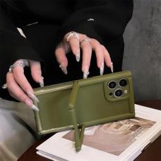 Imagem de Suporte quadrado de luxo com suporte de cor sólida capa de telefone com sensação de pele para iPhone 11 12 13 14 15 Pro Max capa de pára-choque acrílico à prova de choque, verde, para iPhone 14 Pro