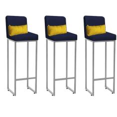 Imagem de Kit 03 Banqueta Alta com Encosto Lucca Industrial Cozinha Balcão Ferro Cinza Suede Azul Marinho e Almofada Amarelo - Ahazzo Móveis