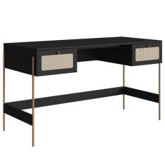 Imagem de Escrivaninha 2 Gavetas Oslo Artesano 139 cm (largura) MDP Nero Palha Sintética Bege Pé Metal Dourado