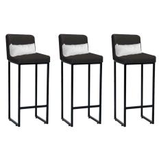 Imagem de Kit 03 Banqueta Alta com Encosto Lucca Industrial Cozinha Balcão Ferro Preto Corino Cinza e Almofada Branco - Ahazzo Móveis