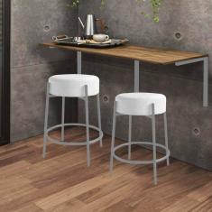 Imagem de Kit Mesa Suspensa de Parede Fixa MDF Castanho + 2 Banquetas Sintra Ferro Cinza Sintético Branco - Ahazzo Móveis