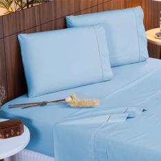 Imagem de Jogo de Cama Queen 140 fios Ponto Palito Azul Valle Enxovais 4 peças