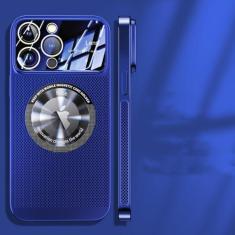 Imagem de Capa magnética de dissipação de calor para iPhone 13 11 12 14 15 Pro Max Lente de vidro de malha galvanizada Ampliar logotipo Capa de telefone, azul escuro, para iPhone 13 Pro
