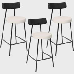 Imagem de Kit 03 Banquetas Baixa Cozinha Sala Jantar Bancada Milão L02 Couríssimo Preto Linho Cru - Lyam Decor