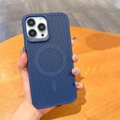 Imagem de Capa luxuosa de dissipação de calor para iPhone 15 14 13 12 Pro Max Plus 11 Carregador sem fio respirável capa de cor sólida, azul marinho, para iPhone 14 Pro