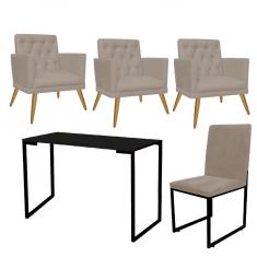 Imagem de Kit Escritório Stan 3 Poltronas Maria com Cadeira e Mesa Industrial Tampo Preto Corino Bege - Ahz Móveis