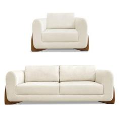 Imagem de Kit Poltrona e Sofá Living 2 Lugares 1,60m Lottus Linho Natural Pés Ca