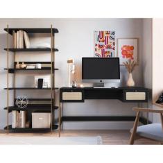Imagem de Conjunto Escrivaninha 2 Gavetas e Estante Palhinha Pé Metal Oslo Artes