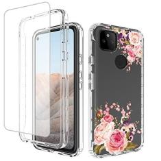 Imagem de Vavies Capa para Google Pixel 5A 5G com protetor de tela de vidro temperado, corpo inteiro, transparente, flexível com design floral, proteção amortecedora, capas para celular para Google Pixel 5A 5G