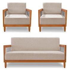 Imagem de Kit 2 Poltronas E Sofá Living 2 Lugares Marilia 1,60m Linho Areia Base Em Madeira Castanho - Pallazio