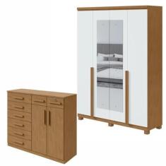 Imagem de Conjunto de Guarda-roupa Alonzo com espelho e pés e Cômoda Toronto Amêndoa Clean/branco